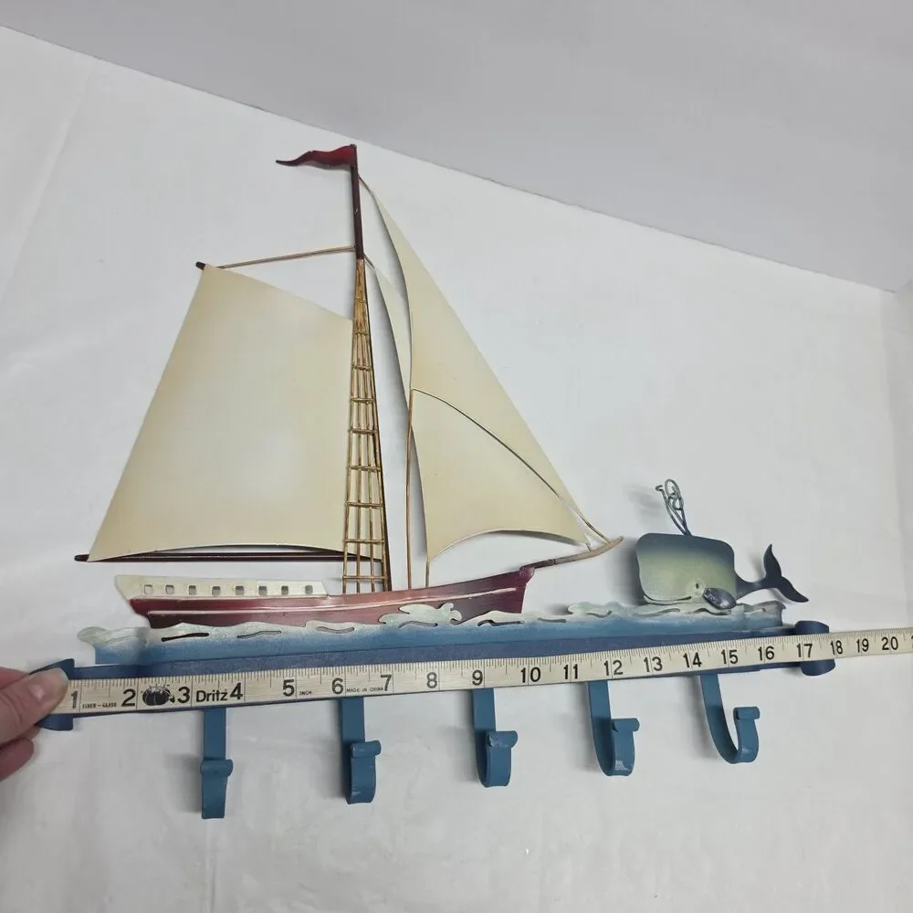 Vintage Metal Sailboat Ship And Whale Wall Hanger 5 Hooks Nautical Keys Holder